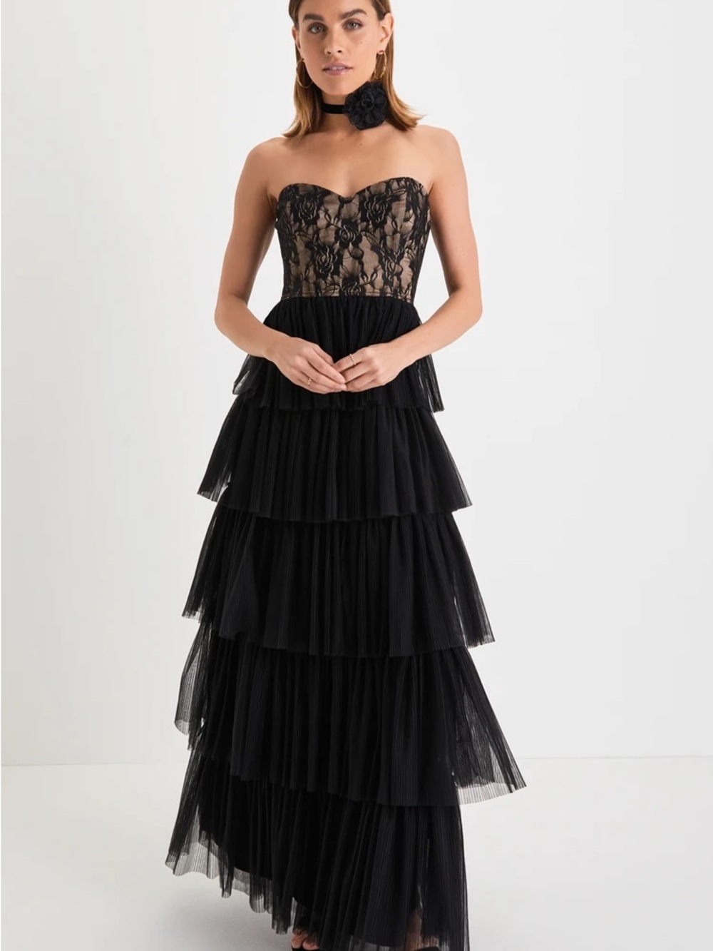 Lulus Sensational Darling Black Lace Tulle Tiered Strapless Maxi Dress